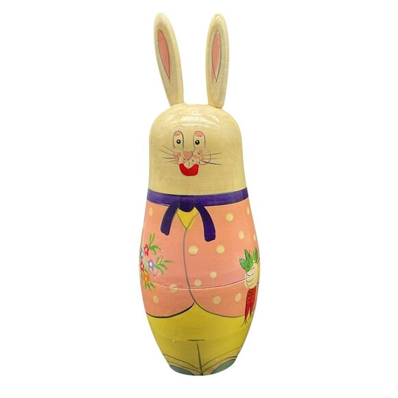 Set Of 3 Bunny Rabbit Nesting Dolls With Cute Polka Dot & Carrot Design 8"H - Picture 5 of 6